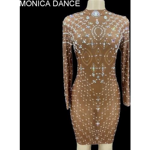 Women Sexy Stage Silver Rhinestone Pearls Transparent Short Dress Nightclub Evening Wedding Birthday Celebrate Prom Dancer Dress