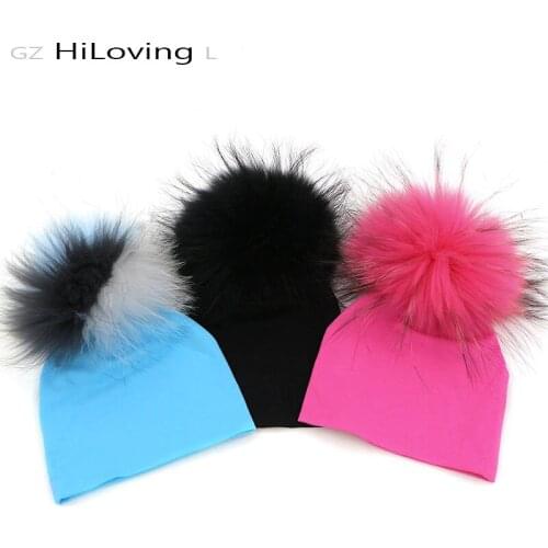 GZHilovingL 2 pcs 0-5 month Baby Girls Boys Cotton hat with Real Fur pompom Hat Autumn Winter Baby Solid Hat Fur Ball Hat Girls