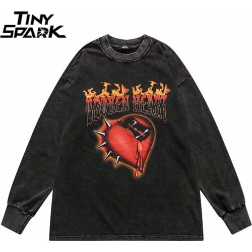 2021 Men Hip Hop Streetwear Pullover Washed Sweatshirt Heart Fire Flame Print Sweat Shirt Autumn Harajuku Cotton Casual Pullover