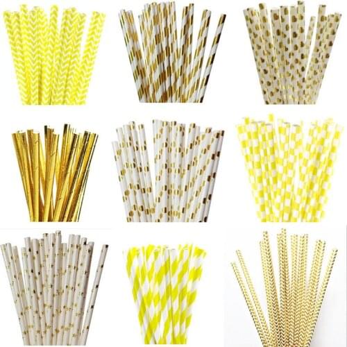 25pcs Yellow Foil Gold Color Paper Straws For Birthday Wedding Decorative Event Party Paper Drinking Straws Supplies