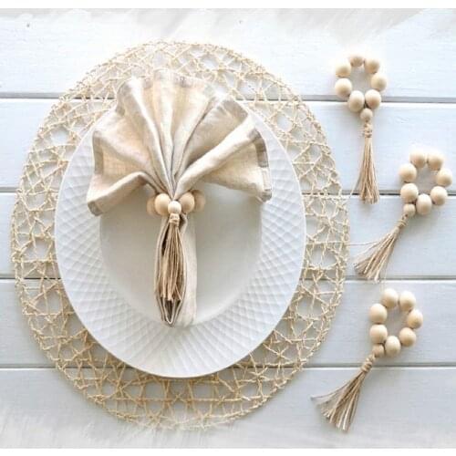 ABSF 12Pc Farmhouse Beaded Wood Napkin Rings Housewarming Gift Table Setting Wedding Party Decor Accessories Napkin Holder