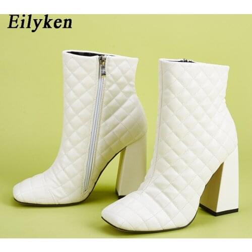 Eilyken Winter High Quality Women Ankle Boots Sexy PU Leather Pointed Toe Zip Ladies Shoes Square Heels femmes Bottes