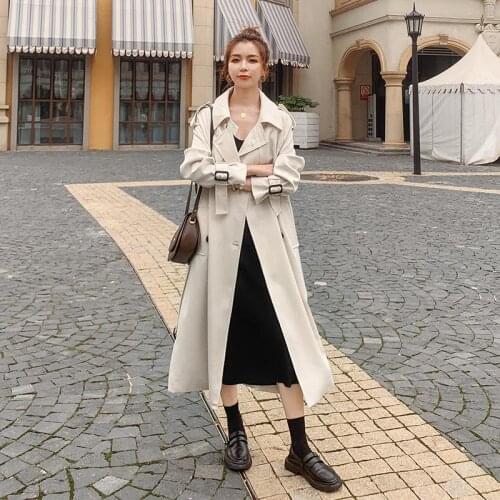 FMFSSOM 2021 Autumn Slim Long Trench Women Whit Lining Cotton Trench Coat Black Casual Double Breasted Windproof Outwear Fashion