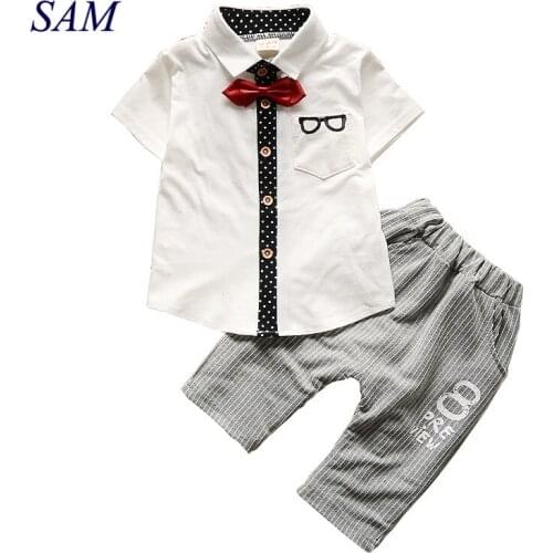 Childrens Clothing Sets Summer Baby Boys Gentleman Clothes Suit Kids Bow Tie Short Sleeve Tops + Striped Pants 2 pcs Set
