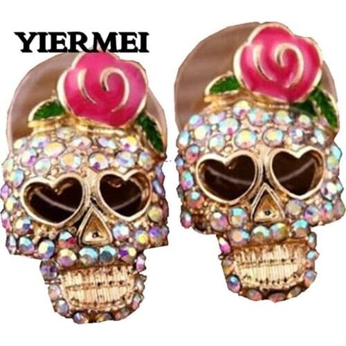 Korean Fashion New Jewelry Wild Rose Rhinestone Skull Ghost Head Earrings High-end Jewelry