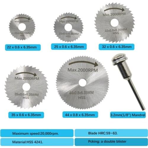 Disc Drill Blades and Mandrel Set 6pcs High Speed Steel Circular Saw Blades 1pcs 3.2mm Mandrel WWO66
