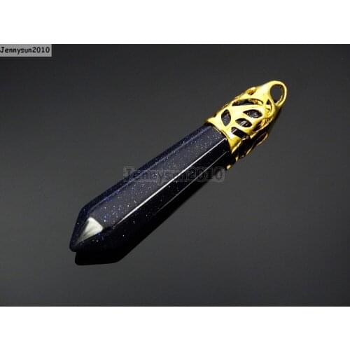 Natural Blue Sand Gems Stones Long Hexagonal Pointed Reiki Chakra Gold Pendant Beads Necklace Jewelry 10Pcs/Pack