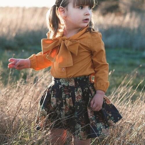 Baby Girl Clothes Autumn Girls Suit 2 Pieces Long Sleeve Bow Shirt Aestheticism Printing Short Skirt Girls Clothing Sets Outfits