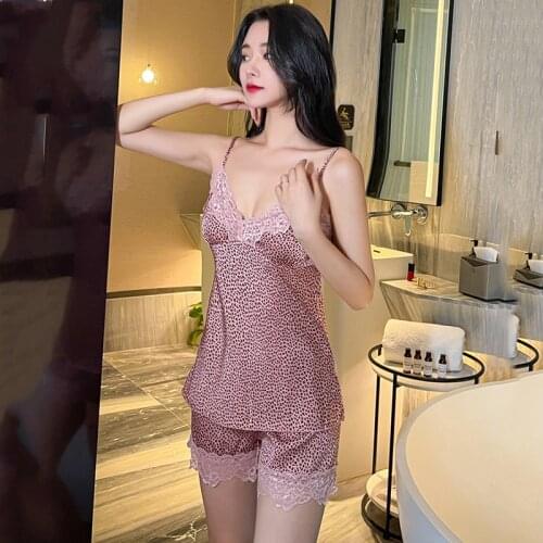 New High-End Leopard Print Ice Silk Silk Ladies Pajamas Summer Sexy Suspenders Nightdress Shorts Two-Piece Suit Home Service