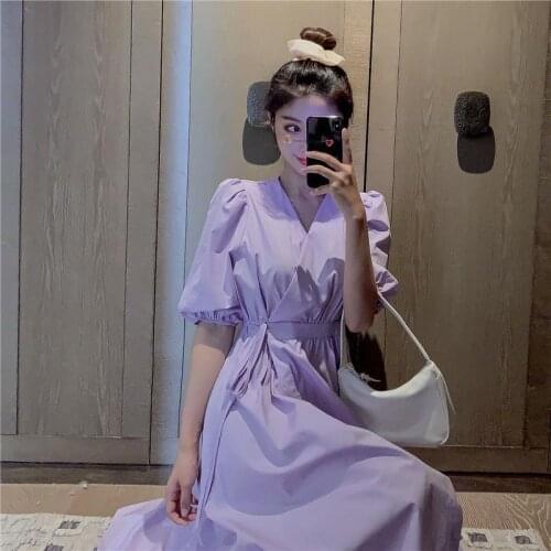 Women Dresses Summer V-neck Puff Sleeve Purple Short-Sleeved Dress For Women Vestido De Mujer Femme Robe