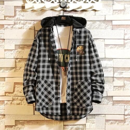 New Style Japanese Korean Streetwear Shirts Mens Plaid Blouses Shirts Male Fashion Harajuku Long Sleeve Plaid Hooded Shirt