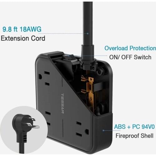 TESSAN Desktop Power Strip with 5ft Extension Cord US Socket with 4 Outlets and 3 USB Ports On Off Switch Adapter Home Flat Plug