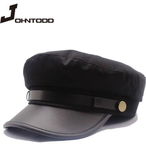 Unisex PU leather military hat autumn sailor hat for women men men black female travel student hat captain hat army flat top