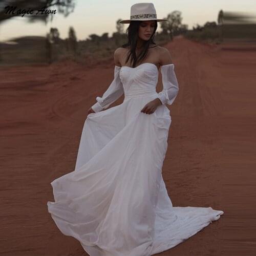 Magic Awn Chiffon Boho Wedding Dresses 2021 Sweetheart Simple Beach A-Line Mariage Gowns Detachable Sleeves Princess Vestidos