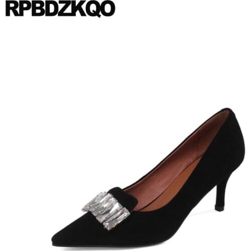 Sheepskin Shoes Women Evening Trending Rhinestone Scarpin Suede Jewel High Heels Pumps Crystal Black Pointed Toe Size 33 Diamond