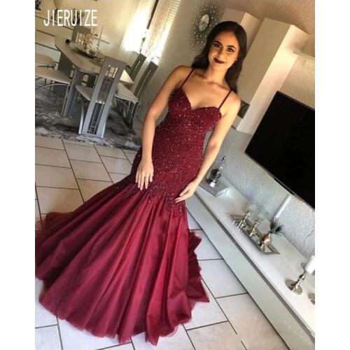 JIERUIZE Burgundy Mermaid Evening Dresses Spaghetti Strap Backless With Appliques Prom Party Gowns Formal Dresses robe de soiree