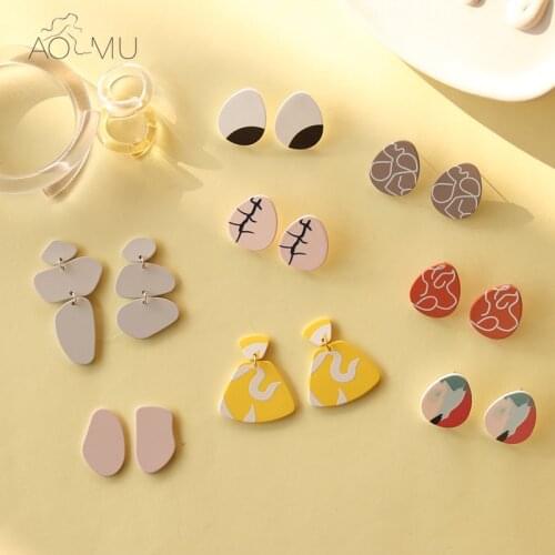 AOMU 2020 Summer Colorful Acrylic Geometric Irregular Lines Dinosaur Eggs Oval Asymmetric Earrings for Women Girls Party Jewelry