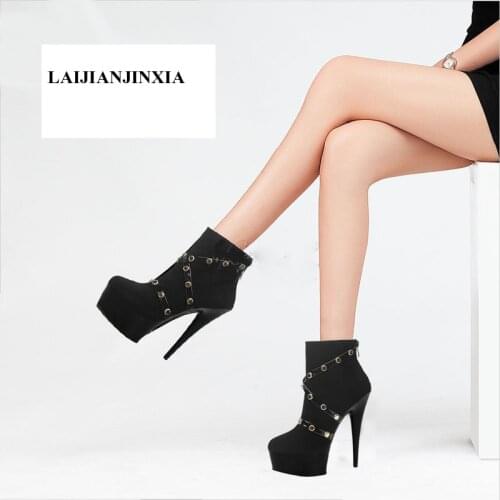 LAIJIANJINXIA New 17cm Super High Heels Pole Dancing Shoes Waterproof Platform Fashion Womens Ankle Boots Suede Rivets Shoes