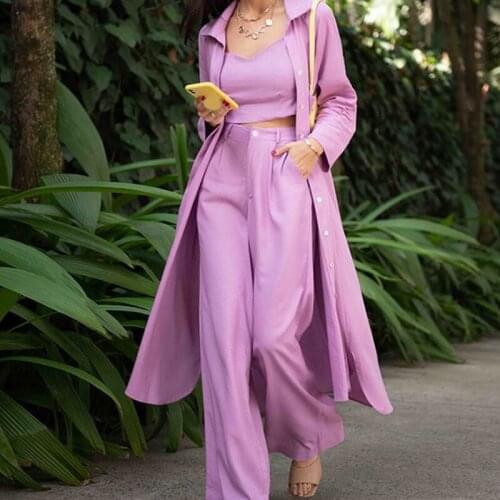 Womens Pants Suit Casual Loose Long Sleeve Office Lady Suit Windbreaker High Waist Wide Leg Pant Vests Three-piece Set Female