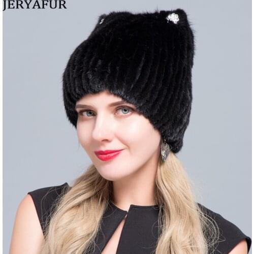 Middle aged women in the winter: mink fur womens knitted sweater hat new fashion European and American cat style ski caps