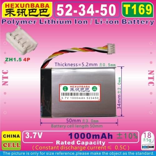 2pcs [T169] 3.7V 1000mAh [523450] NTC, Polymer Li-Ion Battery For SPEAKER JBL Clip 3 3AN 3SAND L0721-LF