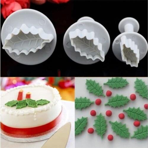 3 Pc/Set 3D Christmas Holly Leaf Leaves Cookie Plunger Cutter Fondant Sugarcraft Mold Cake Decoration Mould Baking Tools