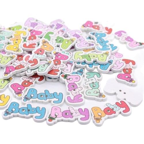 50Pcs Baby Wooden Buttons For Scrapbooking Sewing Cartoon Craft 2 Holes Randomly Mixed 36mm*20mm