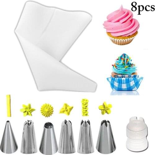 8pcs Silicone Pastry Bag Tips Kitchen DIY Cake Icing Piping Cream Cake Decorating Tools Reusable Pastry Bags Nozzle Set