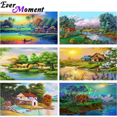 Ever Moment Diamond Painting Landscape House River Full Square Drill Picture Of Rhinestone 5D DIY Diamond Embroidery ASF1807