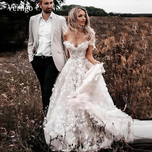Verngo 2021 Off the Shoulder Bohemian Wedding Dress Lace 3D Floral Flowers Sleeves Boho A Line Country Bridal Gowns Bride Dress
