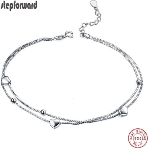 Popular Good Quality Classic Silver Foot Ornaments Box Chain 925 Sterling Silver Heart Pendant Double Box Chain Anklet