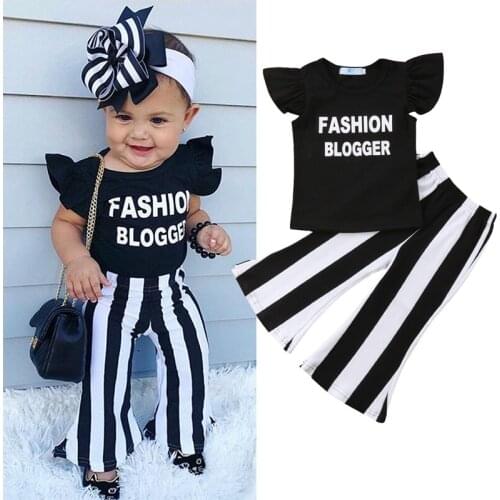 1-6Y Kids Baby Girls Clothing set Ruffle Top T-shirt + Flared Striped Pants Leggings Clothes Outfits 2PCs set