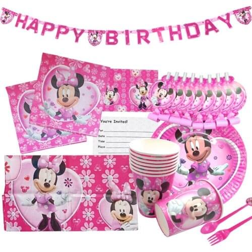 For 8/16 Kids Disney Minnie Mouse Birthday Party Decoration Combination Cups Plates Napkins Tablecloths Kids Love Background
