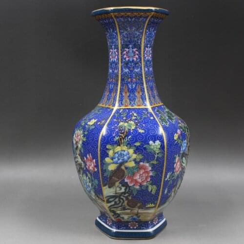 Jingdezhen ceramic enamel hexagon porcelain antique vase flower arranging living room Chinese household decoration TV cabinet