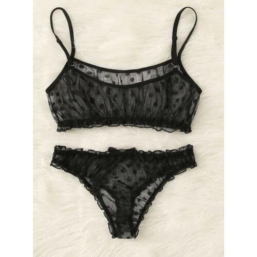 Transparent 2pcs Sexy Lingerie Intimates Set Polka Dot Decor Solid Sling Top Mesh Bra And Brief Erotic Apparel Babydoll Sets