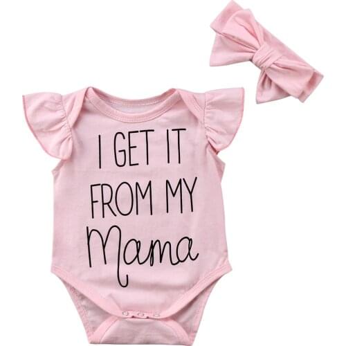 2020 New Summer 0-18M Newborn Baby Girls 2Pcs Set Pink GET IT FROM MY MAMA Letter Print Flared Short Sleeve Bodysuit+Headband