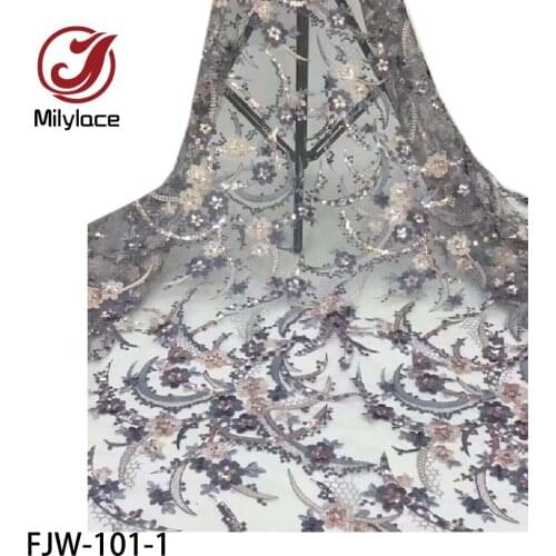 Beautiful Bridal African French Embroidered Floral Tulle Lace Fabric with Sequins 5 Yards for Wedding Dress Lace FJW-101