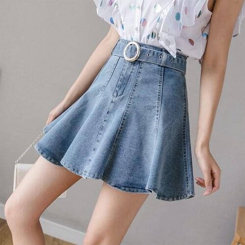 Leiouna Blue Denim High Waist A-line Rufffles Women Belt Summer New Belt Jeans Lining Mini Jean Student Girl Skirt