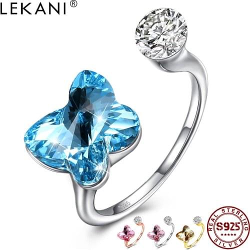 LEKANI Sterling Silver 925 Rings Adjustable Opening Romantic Butterfly Shape Austria Crystal Women Rings Anniversary Jewelry