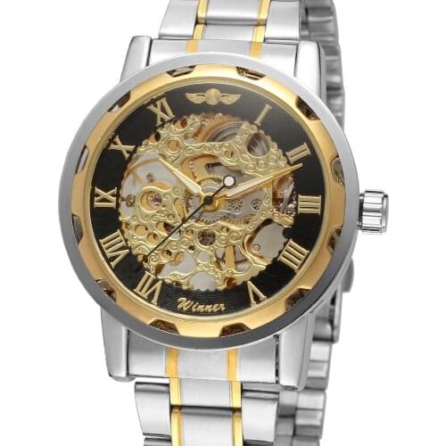 Fashion Winner Gold Black Roman Number Army Sports Mens watch Automatic Mechanical Watch Wristwatch Reloj Hombre Stainless Steel