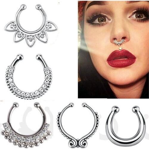 Fashion Cute Girls Septum Stud Nose Ring For Women Indian Crystal Fake Piercing Body Clip Hoop Stud Female Jewelry Party Gift