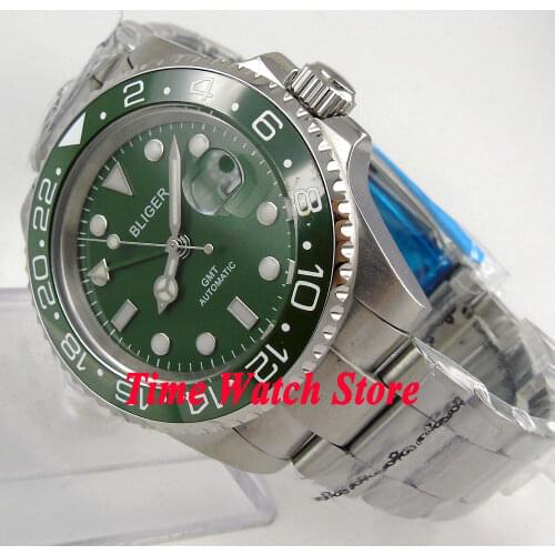 40mm Bliger green dial luminous sapphire glass ceramic bezel date window GMT Automatic movement Mens watch 175