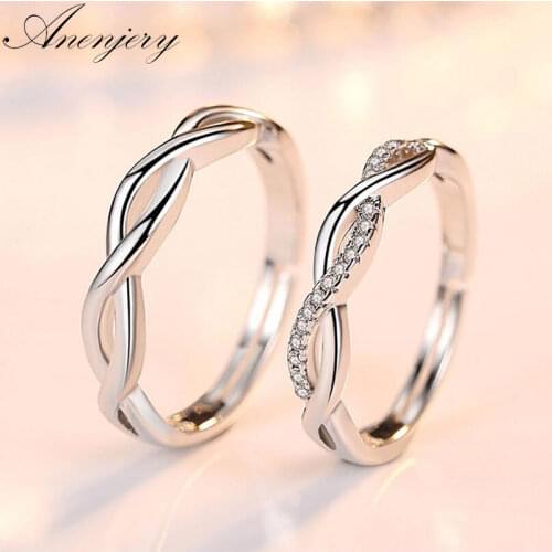 ANENJERY 925 Sterling Silver Couple Wedding Rings Zircon Wave Rings For Men Women anillos bague Gift S-R164