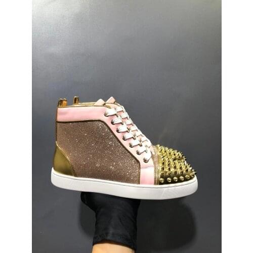 Golden Rivets Mens Sneakers Genuine Leather Lace Up Mens Casual Shoes Fashion Red Bottom Mens Loafers Outlet Party Shoes For Men