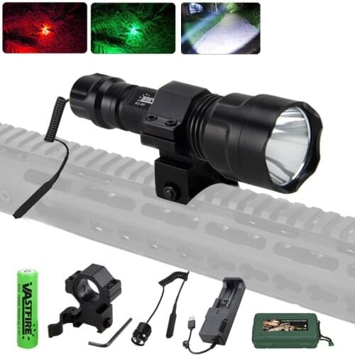 Hunting Flashlight Set XML T6/Q5 Green/Red/White LED Light with Scope Mount +Pressure Switch+18650 Battery+USB Charger