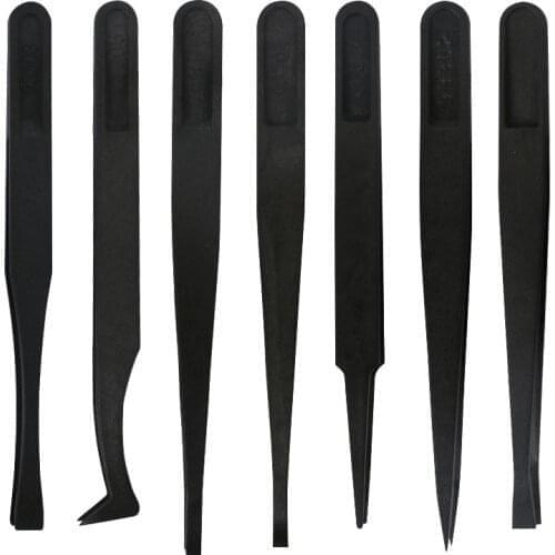 New 7 in 1 Black ESD Tweezers Set Anti Static Plastic Electronic Tweezers Forceps Repair Tools