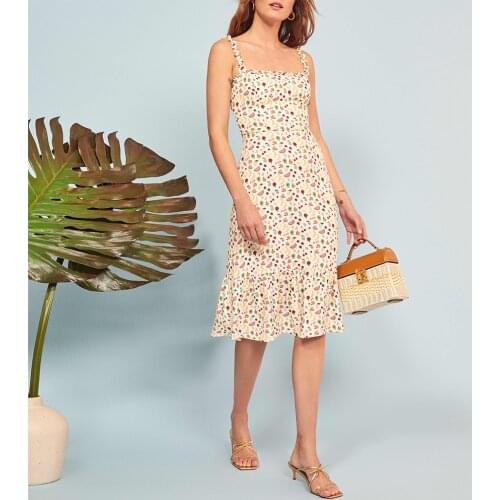 Dresses For Women Casual Cute Fruit Print Cami Midi Dress Spaghetti Strap Sexy Sleeveless Ruffle Hem Summer Beach Dress Sundress