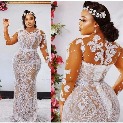 Plus Size Africa Mermaid Wedding Dress Long Sleeves Sheer Appliqued Lace Bridal Gown Beads Sweep Train Vestidos De Novia