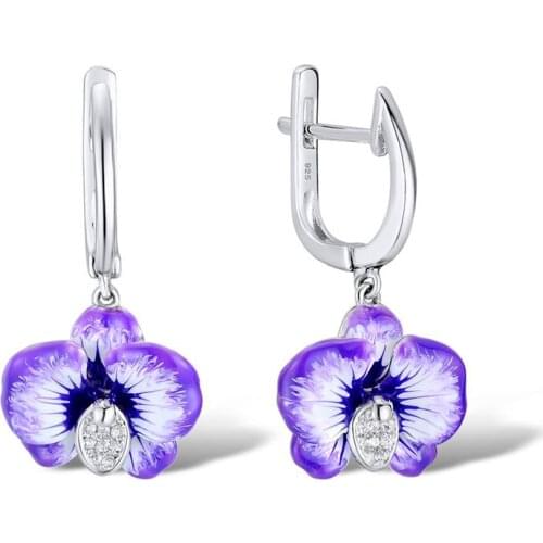 Luxury Female Purple Enamel Drop Earrings Vintage Silver Color Wedding Earrings For Women Charm Crystal Flower Dangle Earrings