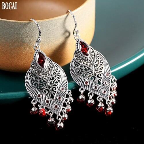 BOCAI new real pure s925 silver jewelry distressed and engraved tassel garnet red fashion retro Woman earrings
